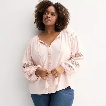 Плюс сайз топ с длинными рукавами и сборкой на горловине с завязками Chelsea & Theodore, цвет light pink