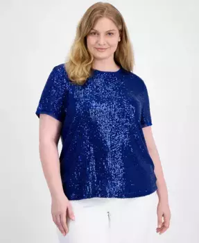 Плюс сайз топ с коротким рукавом и пайетками Anne Klein, синий