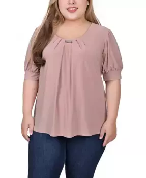 Плюс сайз топ с короткими рукавами-фонариками и металлической фурнитурой NY Collection, коричневый/бежевый