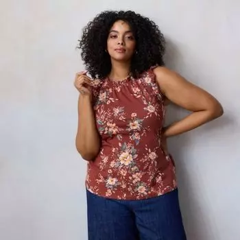 Плюс сайз топ с кружевными рюшами на рукавах и круглым вырезом Lc Lauren Conrad, цвет rust genevieve garden