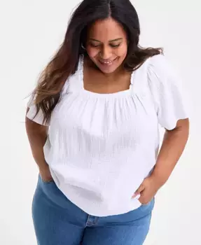 Плюс сайз: топ с квадратным вырезом и короткими рукавами из хлопка со сборкой Style & Co, белый