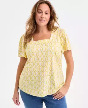 Плюс сайз топ с принтом и квадратным вырезом, короткий рукав Style & Co, желтый