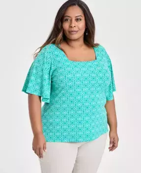 Плюс сайз топ с принтом и квадратным вырезом, короткий рукав JM Collection, синий