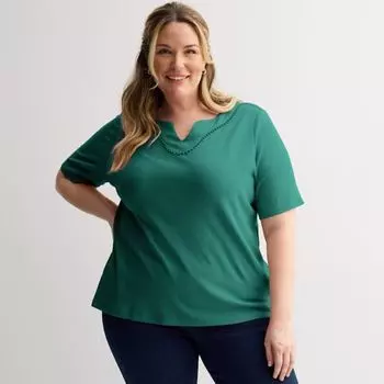 Плюс сайз топ с разрезом на шее и помпонами Croft & Barrow, цвет dark teal