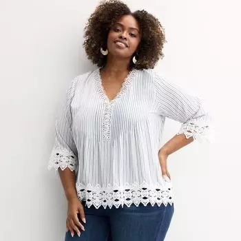 Плюс сайз топ с рукавами до локтя, V-образным вырезом и застежкой на пуговицы Catherine Malandrino, мультиколор