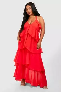 Плюс шифоновое платье макси с завязками на шее и рюшами boohoo, красный