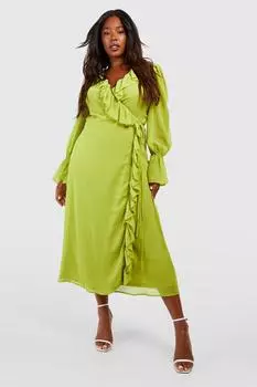 Плюс шифоновое платье с запахом и рюшами boohoo, зеленый