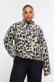 Плюс свитер с анималистическим принтом и волосами River Island, бежевый