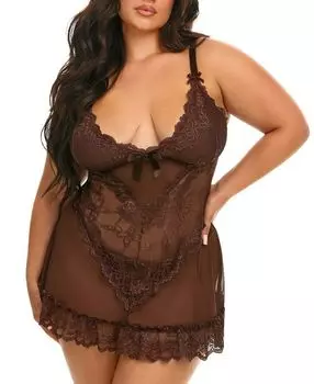 Плюс Валентина Мягкая кружевная сорочка с бантиками и трусиками-стрингами Oh La La Cheri, коричневый