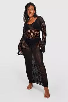 Плюс Вязаное платье макси с длинными рукавами крючком boohoo, черный