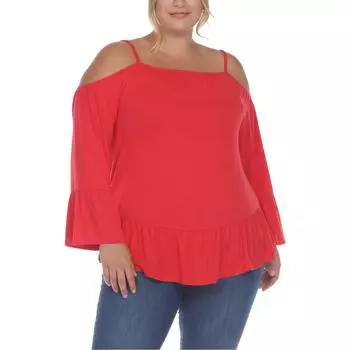 Плюс Женский Крестьянский Топ с Оборками Подол Открытые Плечи White Mark, красный