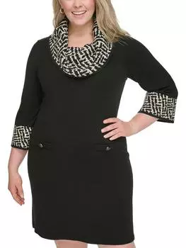 Плюс Женский Трикотажный Свитер Платье Выше Колена Jessica Howard, черный/серо-коричневый