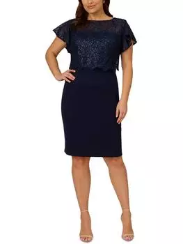 Плюс Женское Короткое Платье-футляр с Пайетками Adrianna Papell, темно-синий
