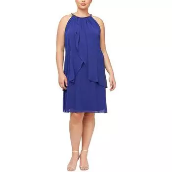 Плюс Женское Мини Платье с Драпировкой и Бретелькой через шею SLNY, цвет iris