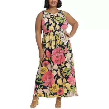 Плюс Женское Платье Макси с Цветочным Воланами London Times, зеленый/сиреневый