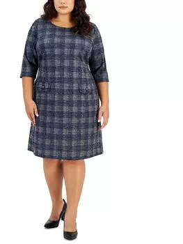 Плюс Женское Платье Миди Прямого Покроя С Круглым Вырезом Connected Apparel, темно-синий