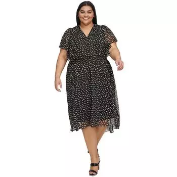 Плюс Женское Платье-Миди С Присборенной Длиной Чай DKNY, черный/слоновая кость