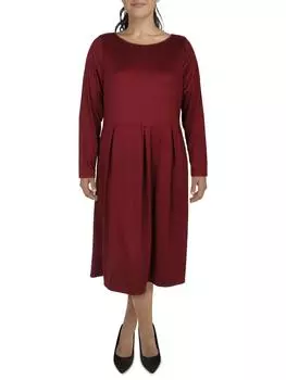 Плюс Женское Плиссированное Платье Миди С Длинным Рукавом 24seven Comfort Apparel, цвет wine