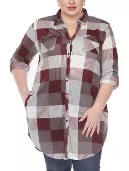 Плюс Женское Полосатое Платье-Рубашка с Карманами White Mark, бордовый/белый