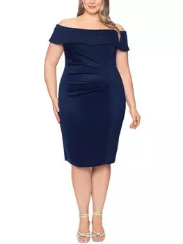 Плюс Женское трикотажное платье миди с открытыми плечами X by Xscape, темно-синий
