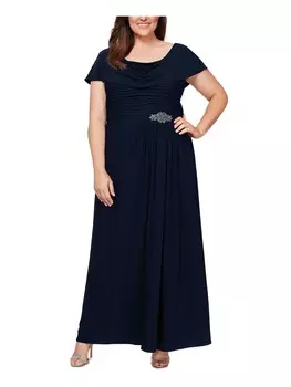 Плюс женское вечернее платье с воротником-хомутом и бисером Alex Evenings, темно-синий