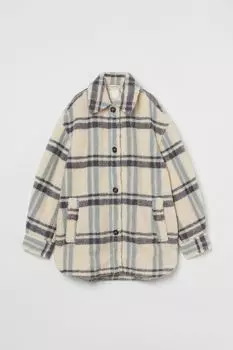 Плюшевая куртка-рубашка H&amp;M, светло-бежевый/серая клетка