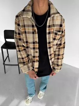 Плюшевая куртка-рубашка в клетку Oversize Бежевая ablukaonline