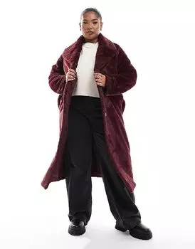 Плюшевое длинное пальто из искусственного меха ягодного цвета Yours