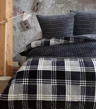 Плюшевое постельное белье Тедди 155х220 см зимнее кашемировое на ощупь пушистое черно-серое в клетку 2 шт leonado vicenti