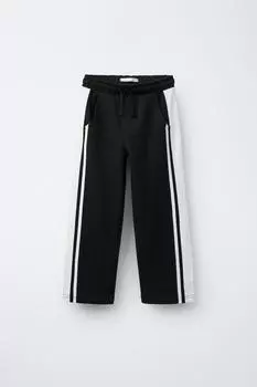 Плюшевые брюки прямого кроя с боковыми полосками ZARA, черный