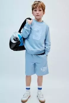 Плюшевые шорты-бермуды с рельефным текстом ZARA, светло-синий