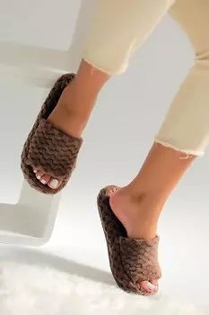 Плюшевые женские домашние тапочки с термоподошвой на толстой ленте 001-97-22 Pembe Potin, коричневый