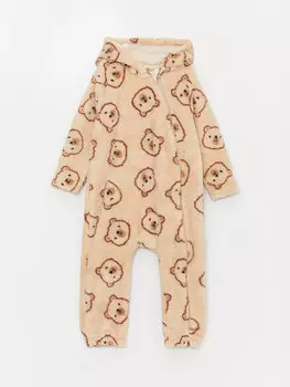 Плюшевый комбинезон для мальчика с капюшоном и длинными рукавами LCW baby, бежевый с принтом