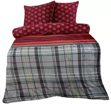 Плюшевый комплект постельного белья Teddy из микрофибры 200х200см красно-серый антрацит в полоску со звездами и молнией leonado vicenti