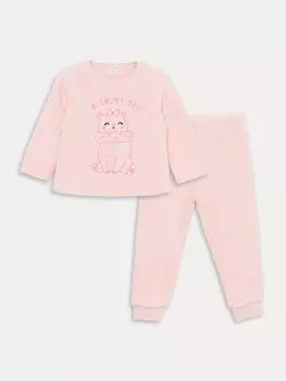 Плюшевый пижамный комплект для маленьких девочек с круглым вырезом и длинными рукавами LCW baby, розовый