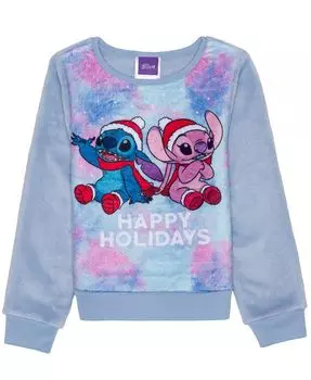 Плюшевый пуловер с длинными рукавами Little Girls Stitch Happy Holidays Disney, синий