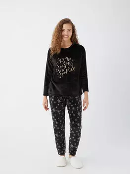 Плюшевый женский пижамный комплект с длинным рукавом с круглым вырезом и вышивкой LCW DREAM, черный с принтом
