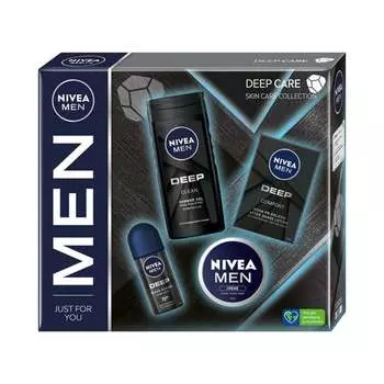 Подарочный набор для мужчин Deep Care шариковый антиперспирант 50мл + универсальный крем 75мл + гель для душа 250мл + антибактериальное средство после бритья 100мл, Nivea