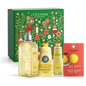 Подарочный набор «Энергичный рутинный»: гель для душа «Цитрусовая вербена» 250 мл + маска для волос Sos Radiance 50 мл + крем для рук «Цитрусовая вербена» 30 мл + отшелушивающая маска «Сияние» 6 мл, L'Occitane
