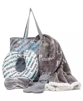 Подарочный набор пледов премиум-класса «Люблю тебя, скучаю по тебе» — комфорт, забота, мысли о тебе, романтика и любовь — комбинированный набор из 5 предметов (одеяло, маска для глаз, большая сумка, носки и открытка), темно-серый Chanasya, серый