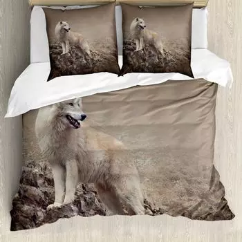 Пододеяльник ABAKUHAUS Animal, Белый волк на скалах, защита от клещей, подходит для аллергиков с наволочками, 155 см x 220 см — 80 x 80 см, теплый серо-коричневый