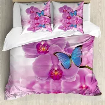 Пододеяльник ABAKUHAUS Butterflies, цветение орхидеи на воде, защита от клещей, подходит для аллергиков с наволочками, 200 см x 200 см - 80 x 80 см, розовый, синий, белый