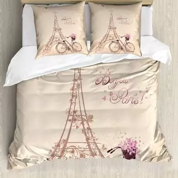 Пододеяльник ABAKUHAUS Paris, Французская Эйфелева башня, защита от клещей, подходит для аллергиков с наволочками, 200 см x 200 см - 80 x 80 см, бежевый