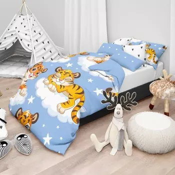 Пододеяльник из чистого хлопка с рисунком - Тигр Daunex, небесно-голубой