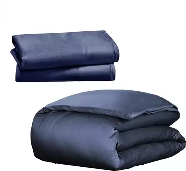 Пододеяльник размера «queen-size» California Design Den (темно-синий индиго) с комплектом из 2 наволочек (темно-синий) — роскошный пододеяльник из 100% сатина из 100% хлопка плотностью 400 нитей и мягкие сатиновые наволочки из 100% хлопка