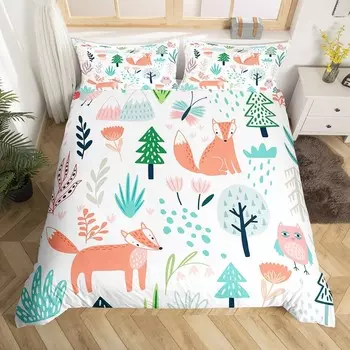 Пододеяльник с лисой, полный пододеяльник с рисунком лисы, комплект постельного белья с лесной лисой и совой для детей, покрывало с природой и дикой природой, прочное постельное белье на молнии (без одеяла) Feelyou, Multi 07