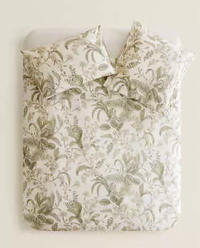 Пододеяльник Zara Home Leaf Print, кремовый/зеленый