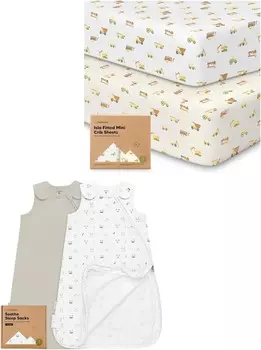 Подогнанные простыни Keababies Pack and Play, 2 мини-простыня для кроватки и 2 комплекта спальных мешков, 100 % хлопок — простыня с подкладкой для матраса Pack and Play — носимое одеяло, детский спальный мешок, пеленальный мешок