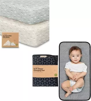 Подогнанные простыни Keababies Pack and Play, 2 мини-простыня для кроватки и портативная подставка для пеленания - Органическая простыня для детской кроватки для матраса Pack and Play - Водонепроницаемый складной коврик для пеленания ребенка