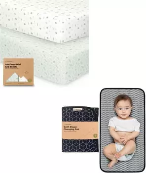 Подогнанные простыни Keababies Pack and Play, 2 мини-простыня для кроватки и портативная подставка для пеленания - Органическая простыня для детской кроватки для матраса Pack and Play - Водонепроницаемый складной коврик для пеленания ребенка